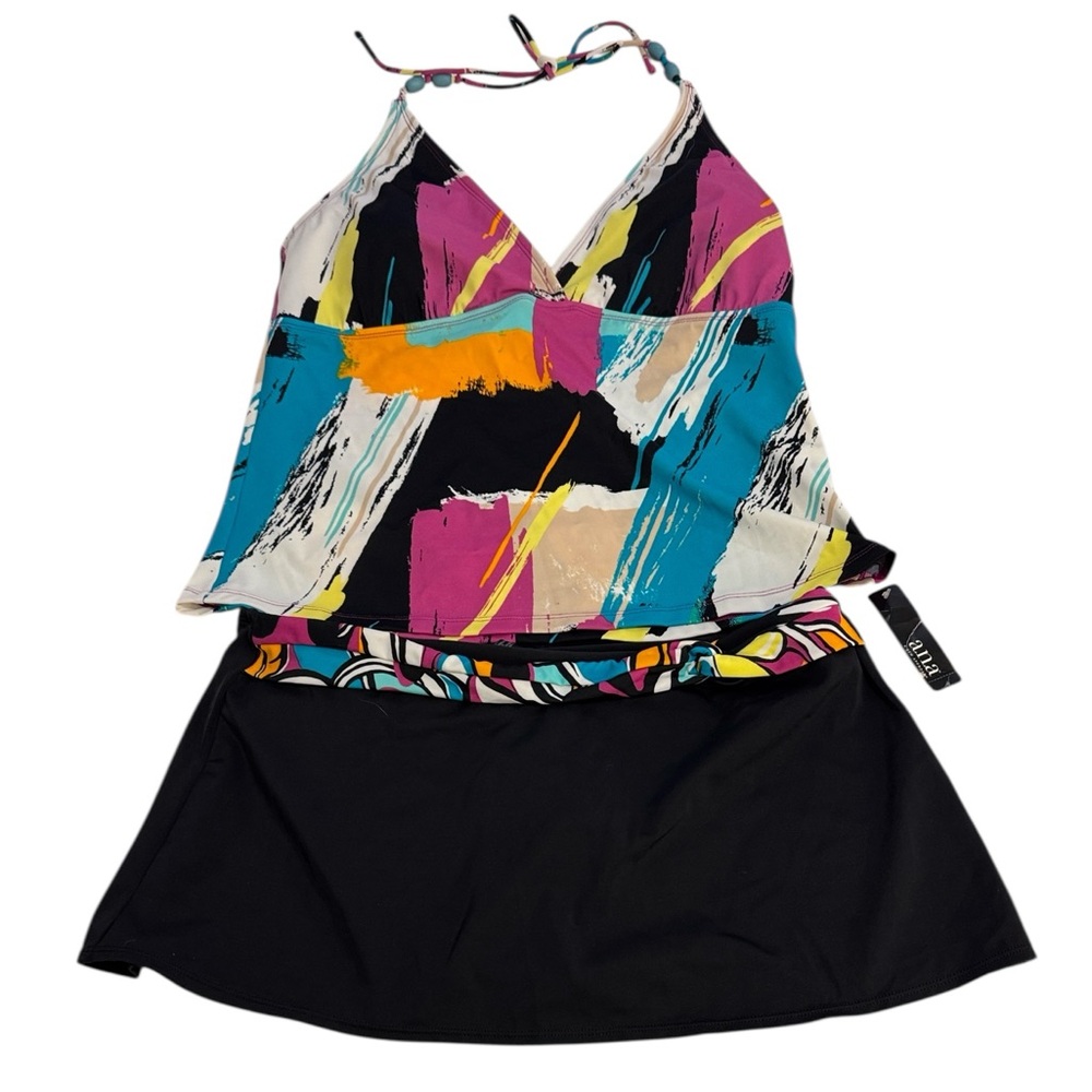 Ana Tankini Swimsuit Set Size 14 Art Print Halter Top Swim Skirt Bottom NWT